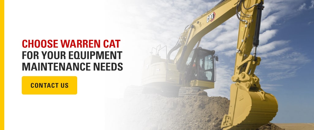 excavator digging into a pile of dirt with text "choose warren cat for your equipment maintenance needs"